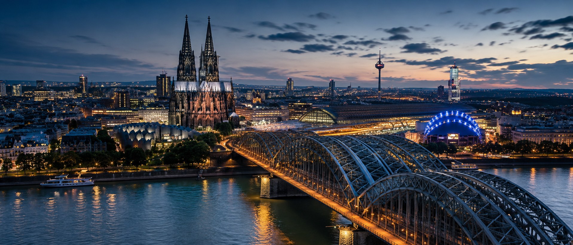 Kölner Dom und Hohenzollernbrücke bei Sonnenuntergang
