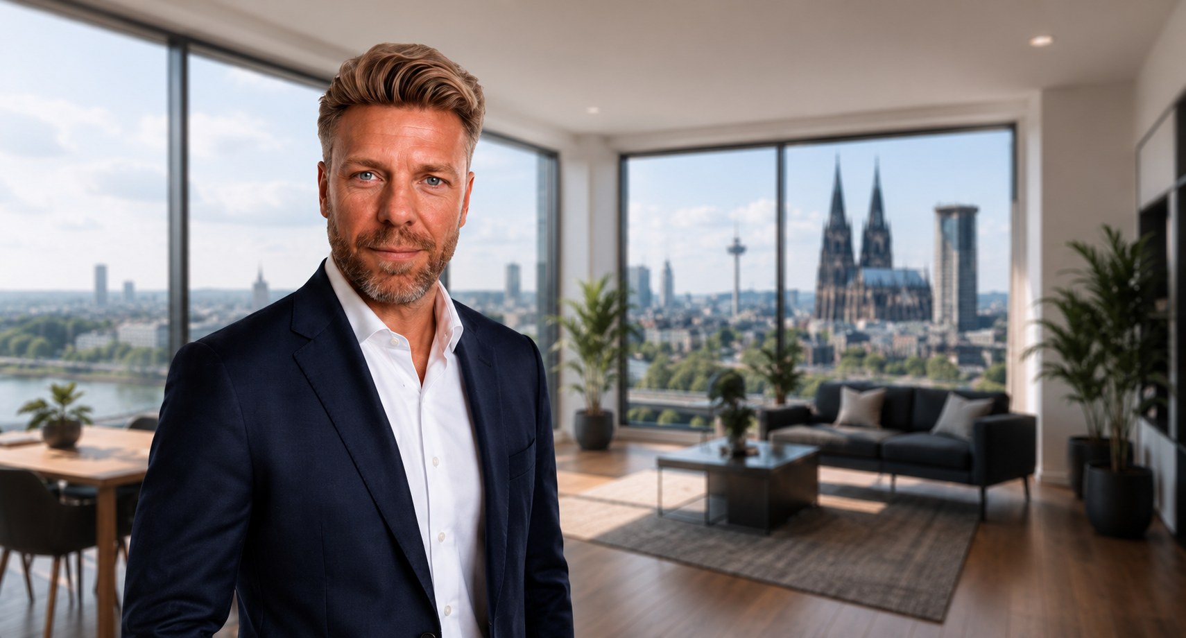 Marc Philip Broichheuser vor Kölner Skyline im modernen Interieur